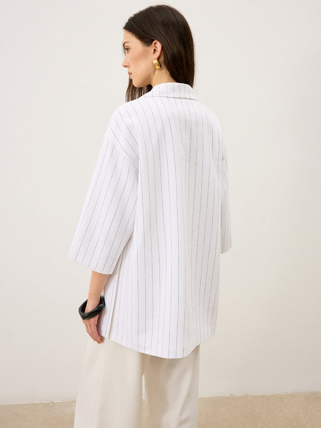 Linen&Cotton Oversized Striped Side Slit Double-Breasted Blazer