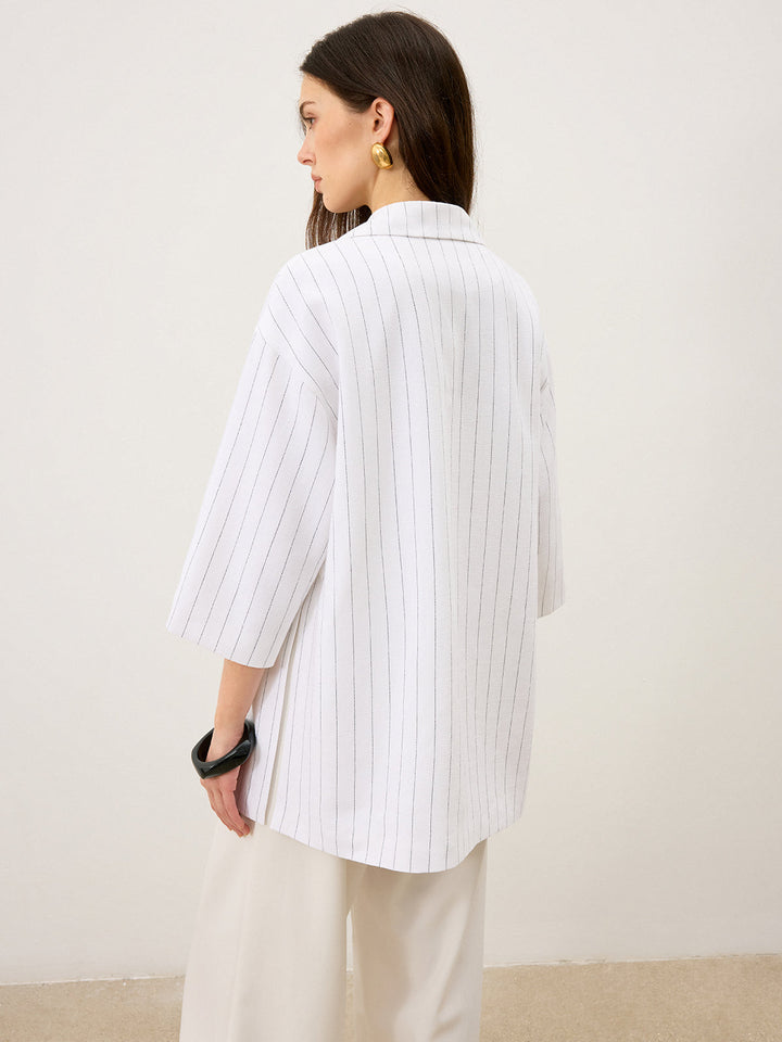 Linen&Cotton Oversized Striped Side Slit Double-Breasted Blazer