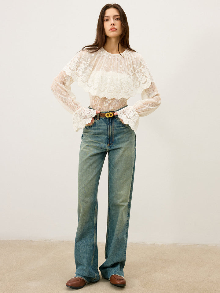 Semi-Sheer Ruffle-Trimmed Lace Flared-Sleeve Blouse