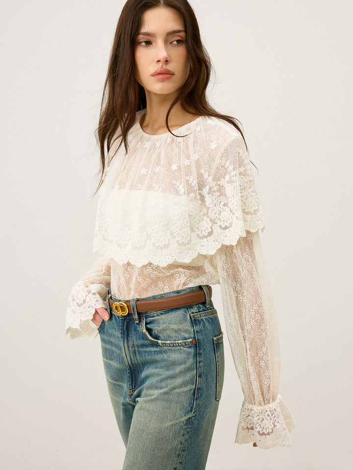 Semi-Sheer Ruffle-Trimmed Lace Flared-Sleeve Blouse