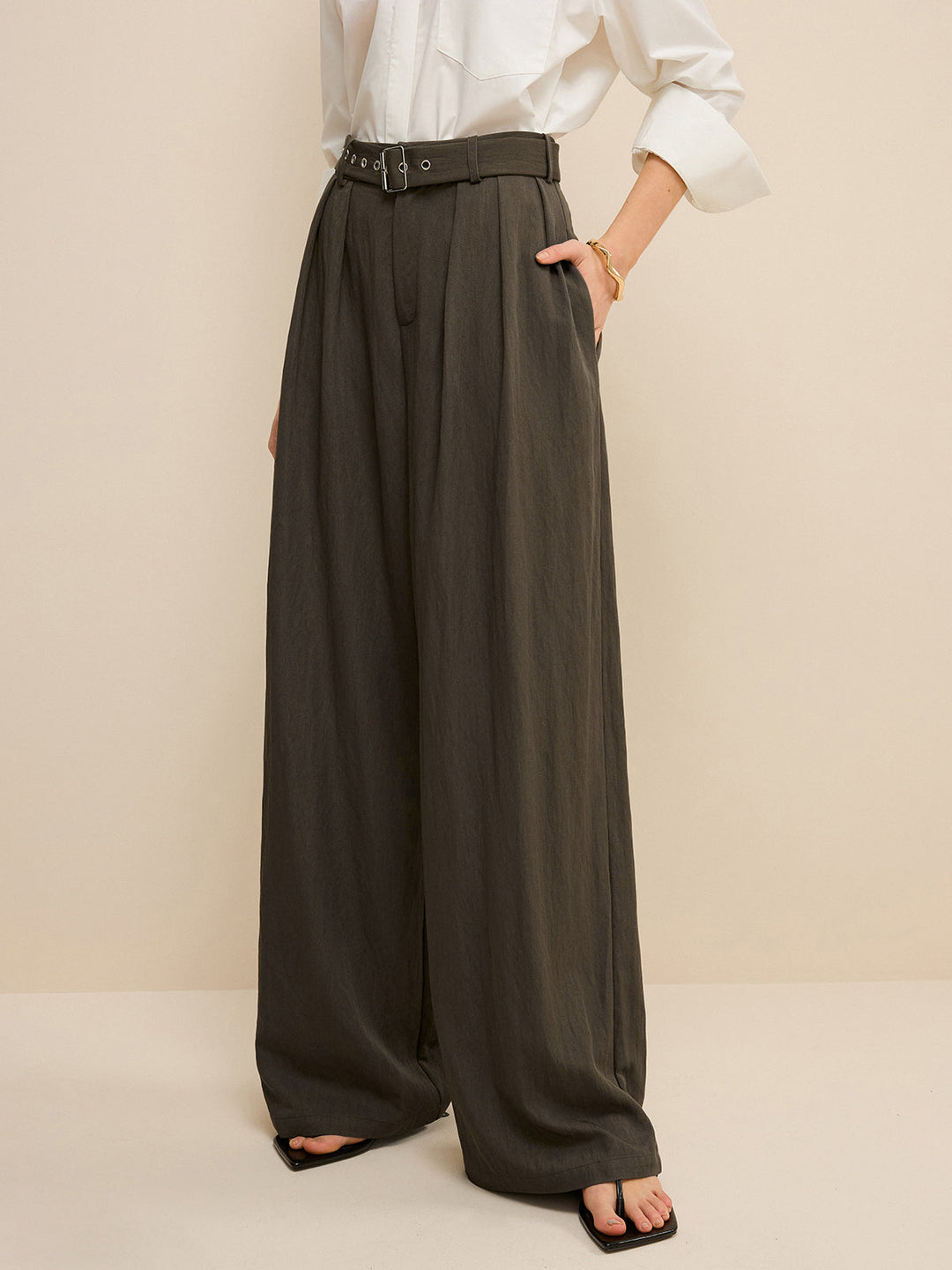Army Green Belted Pleated Wide-Leg Pants