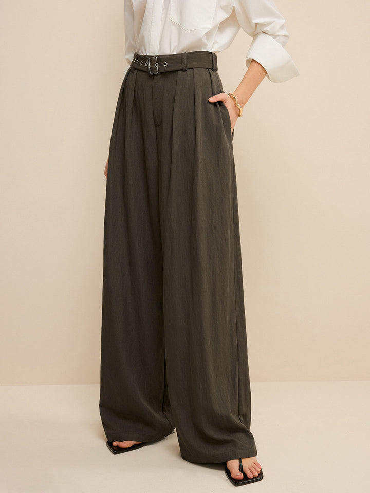 Army Green Belted Pleated Wide-Leg Pants