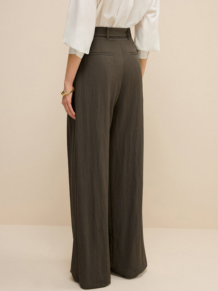 Army Green Belted Pleated Wide-Leg Pants