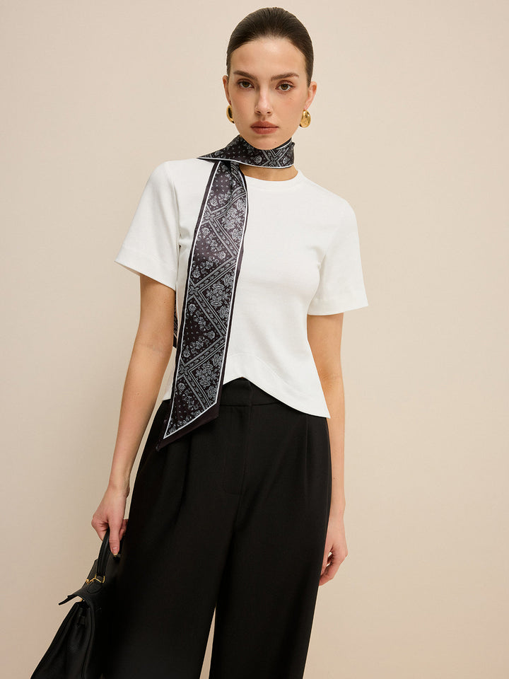 Irregular Hem T-Shirt with Silk Scarf