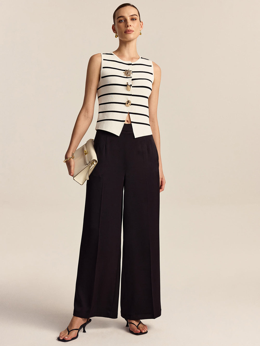 Striped Metal Button Sleeveless Sweater Vest