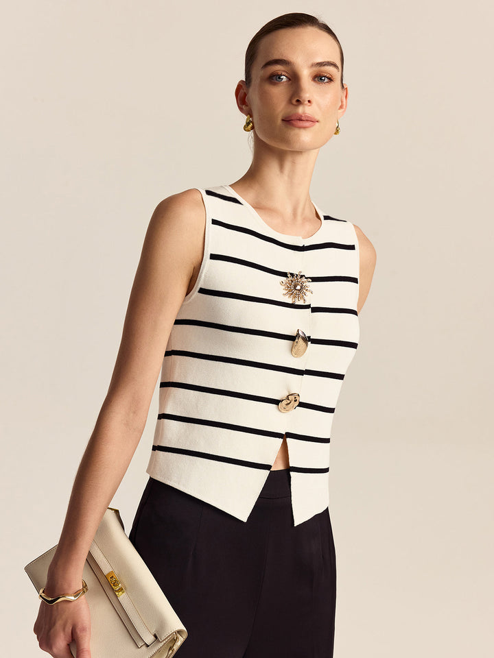Striped Metal Button Sleeveless Sweater Vest