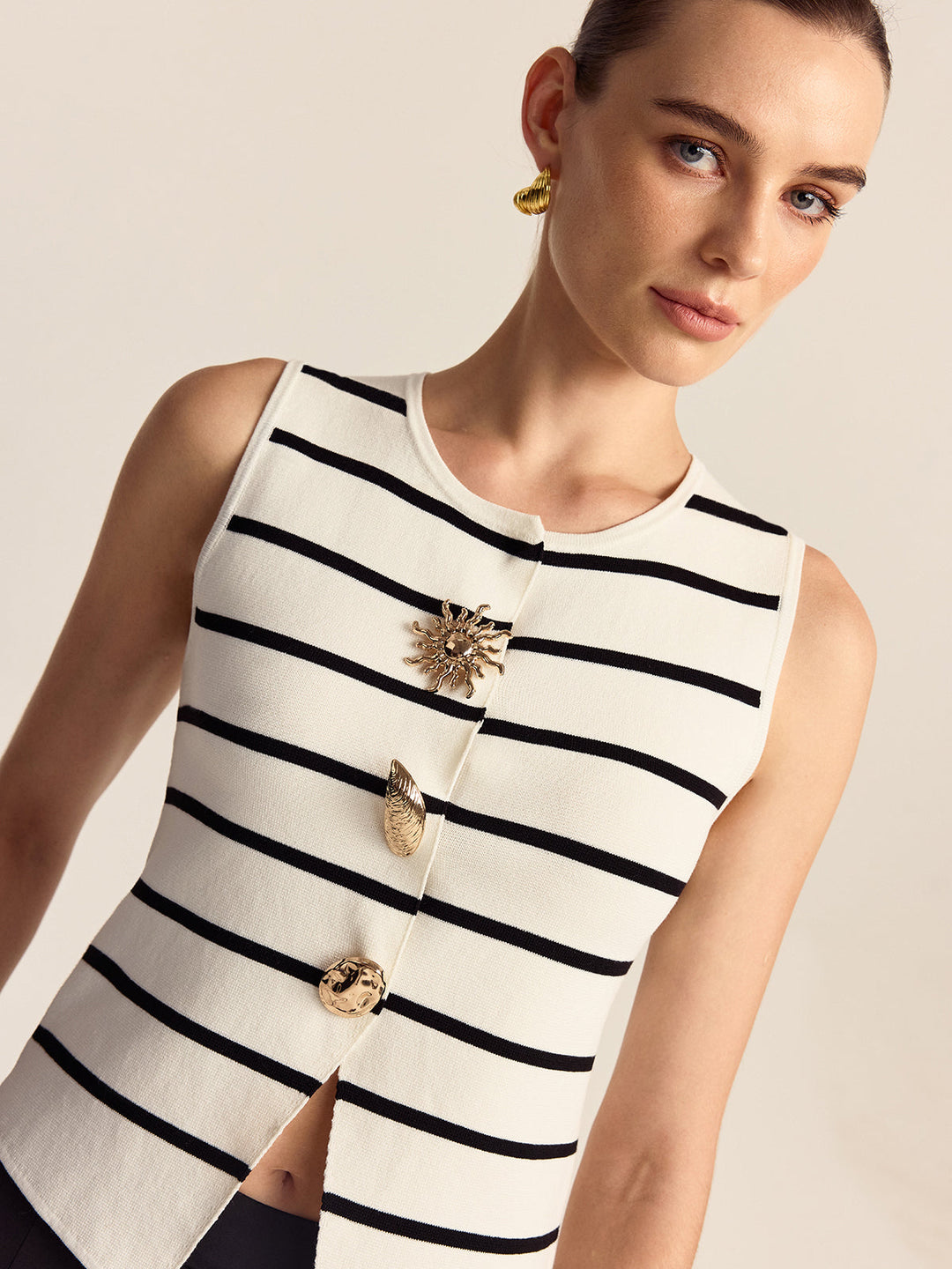 Striped Metal Button Sleeveless Sweater Vest