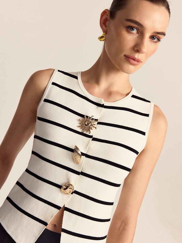 Striped Metal Button Sleeveless Sweater Vest