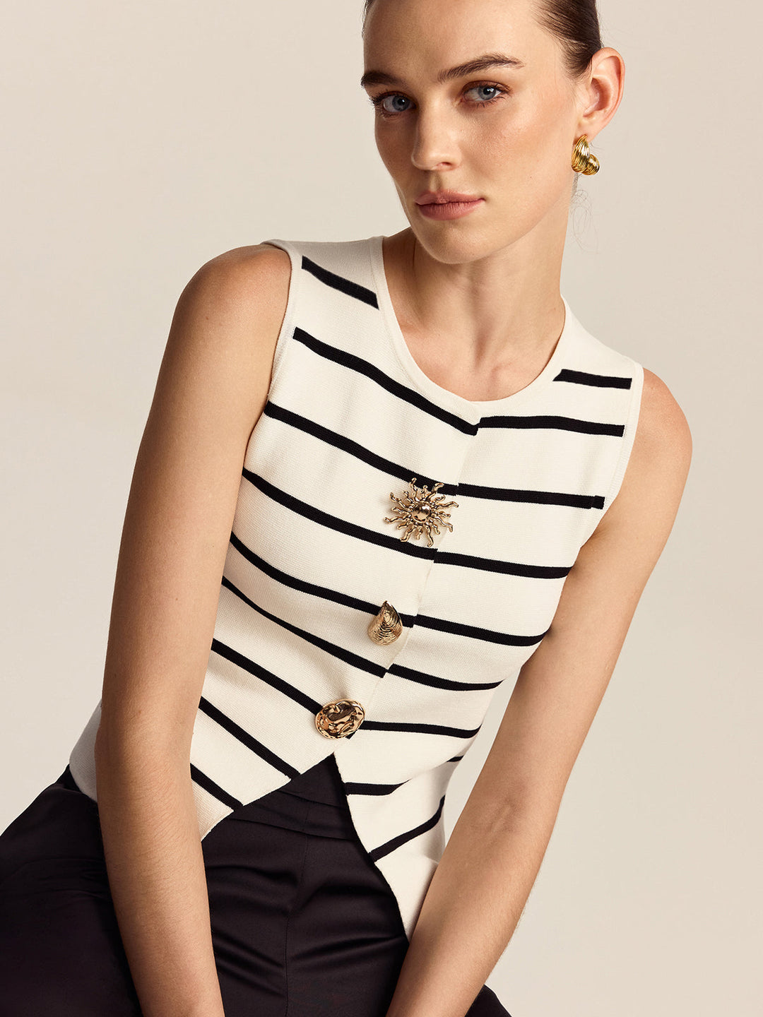 Striped Metal Button Sleeveless Sweater Vest