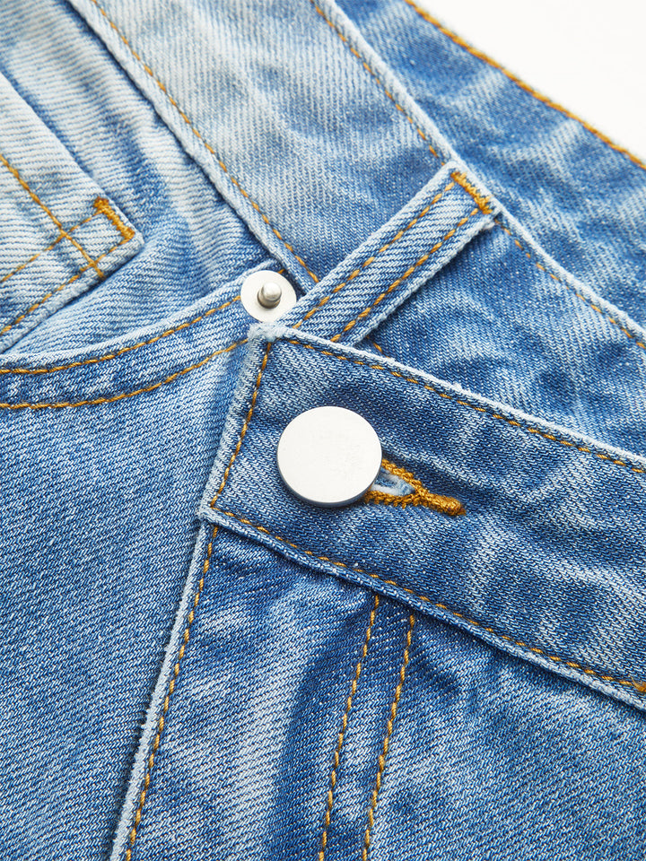 Asymmetric-Waist Distressed Denim Shorts