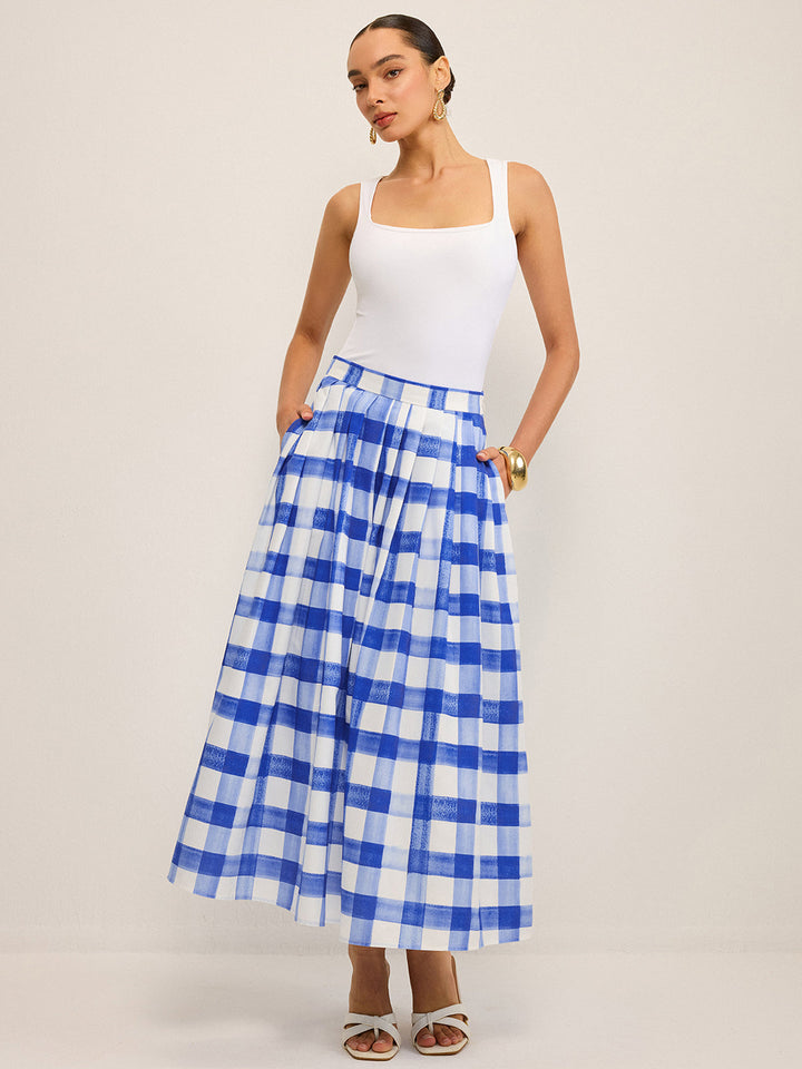 Pocketed Gingham Midi Skirt