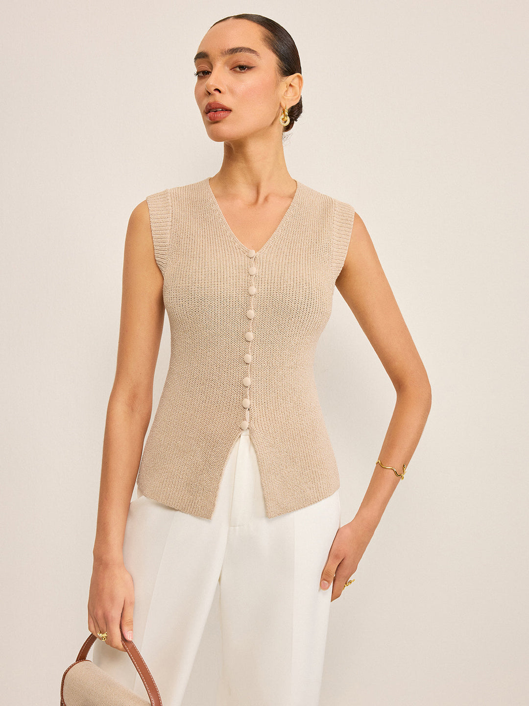 Knitted V-Neck Buttoned Vest