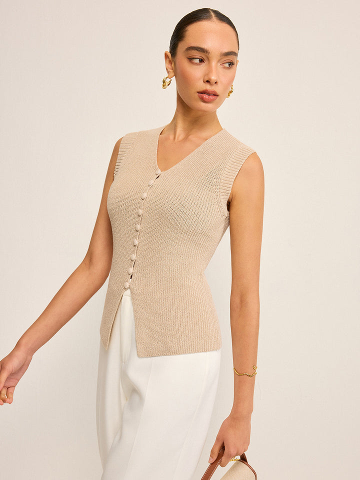 Knitted V-Neck Buttoned Vest