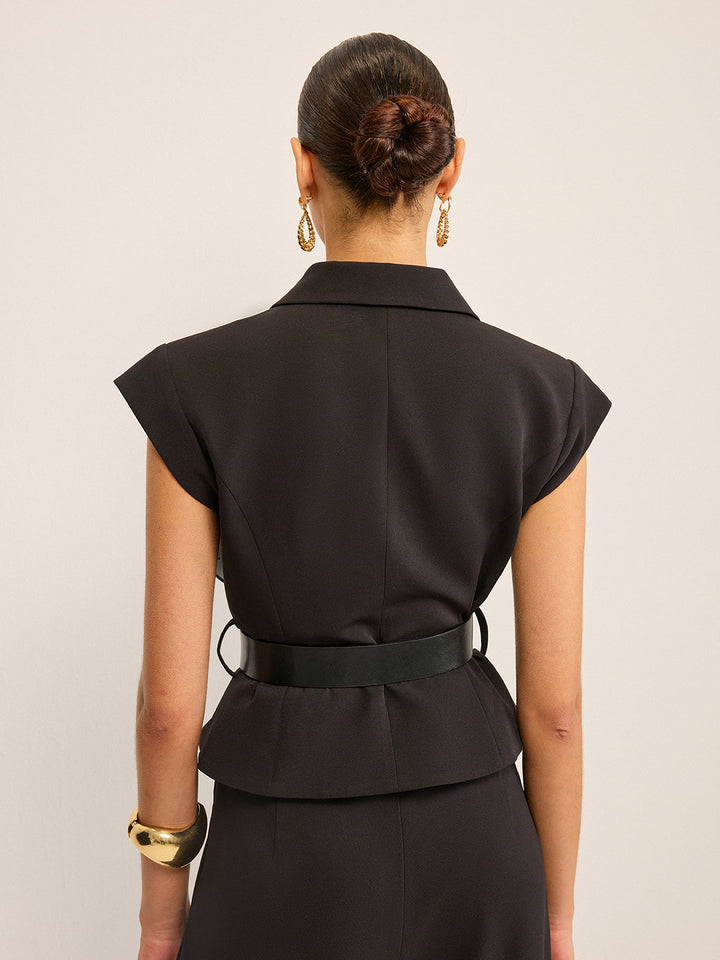 Belted Peplum Vest with Metal Buckle Detail
