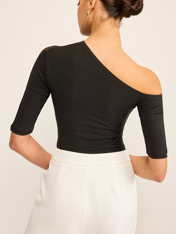 Semi-Sheer One-Shoulder Top with Mesh Sleeve