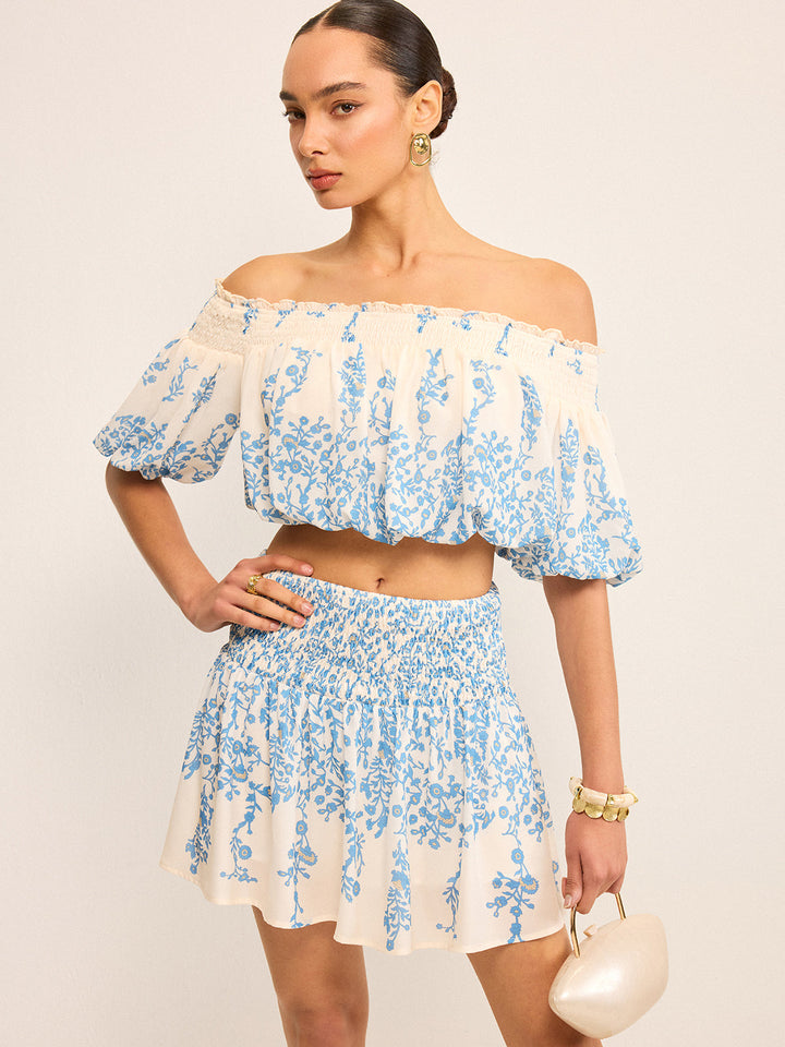 Floral Off-Shoulder Crop Top and Cinching Skirt Set
