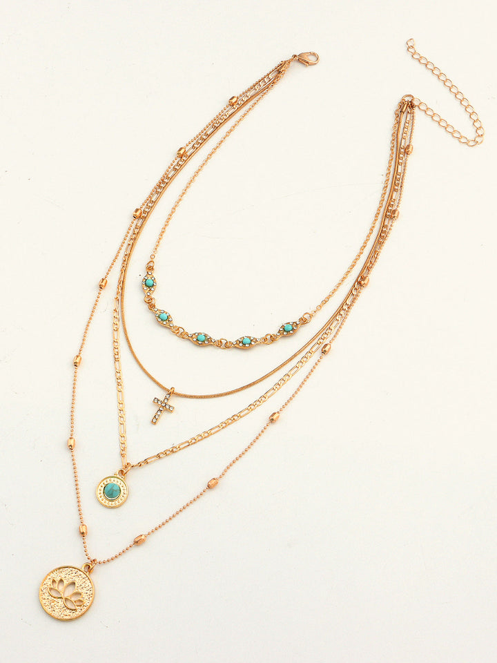Layered Gold Tone Necklace with Turquoise and Charms