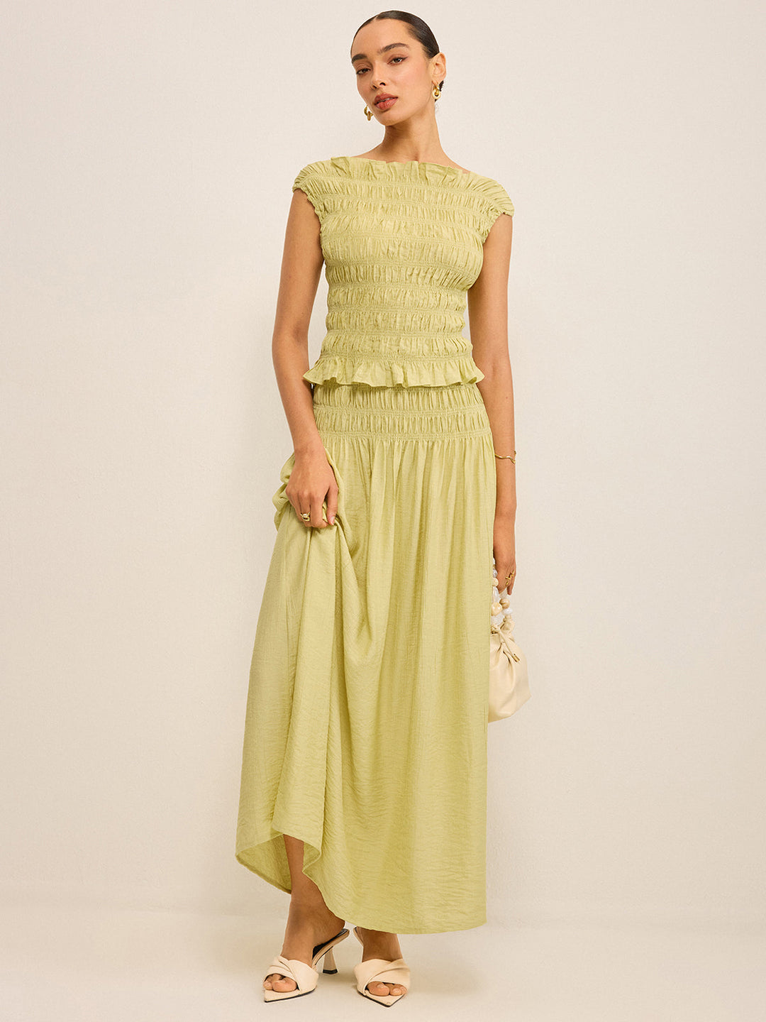 Pleated Linen Smocked Maxi Skirt