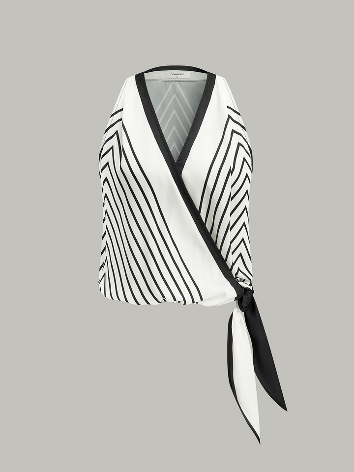 Semi-Sheer Striped Wrap-Front Knotted Top