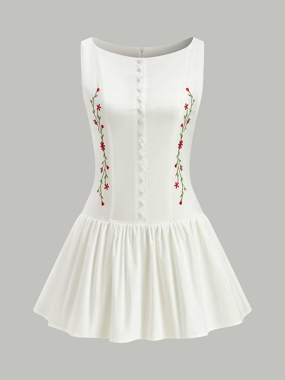 Embroidered Floral Mini Dress with Front Buttons