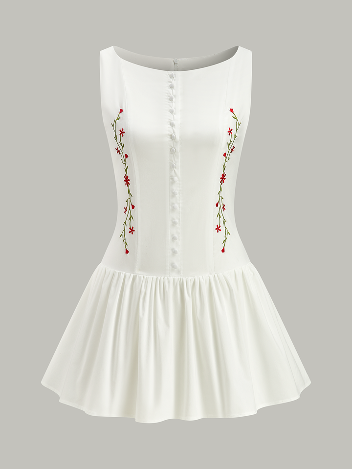 Embroidered Floral Mini Dress with Front Buttons