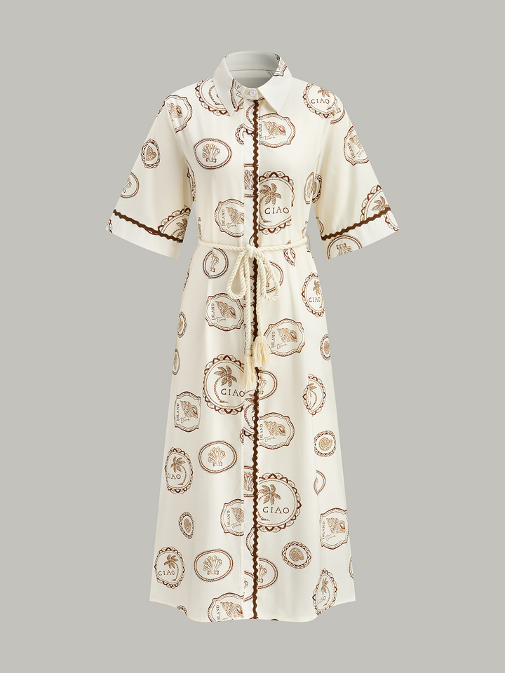 Printed Shirt Dress with Rope Tie Belt