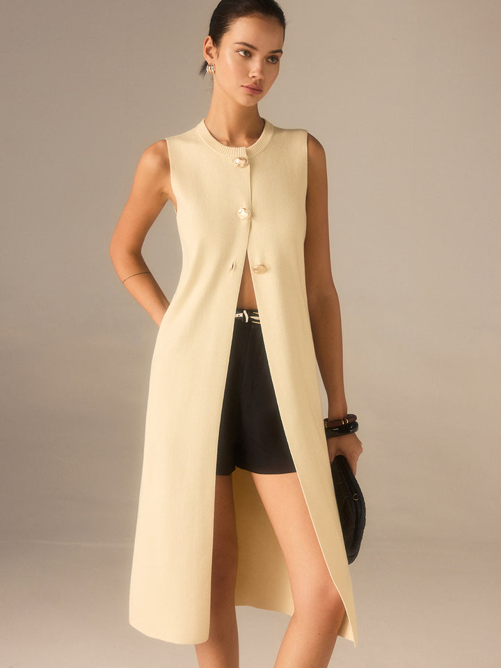 Sleeveless Knit Midi Top with Metal Button Front