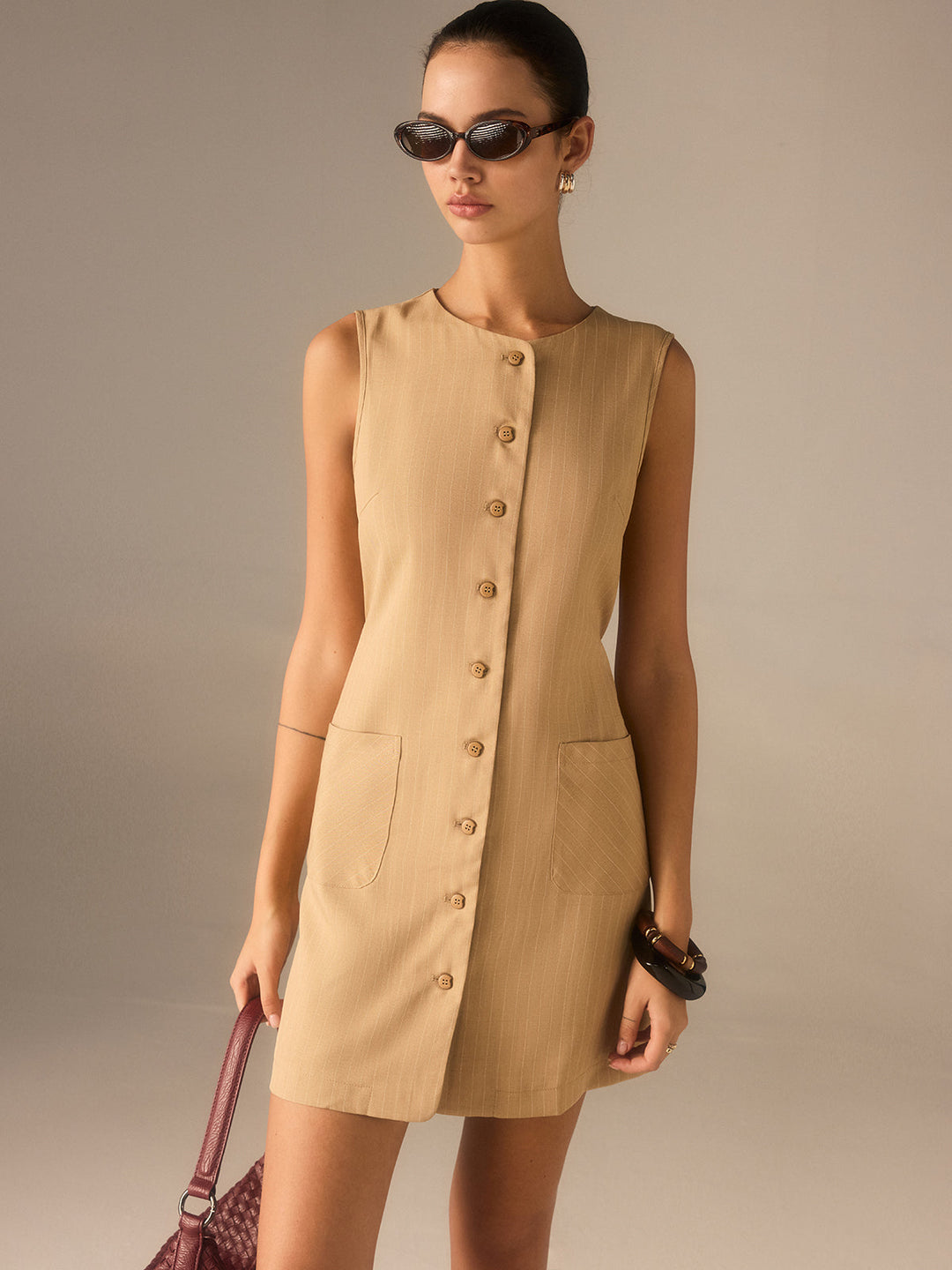 Cotton Blend Buttoned Dress with Pockets and Ties