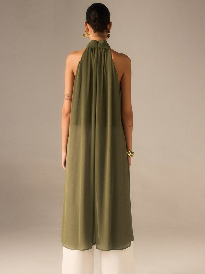 Semi-Sheer Halter-Neck Chiffon Long Top