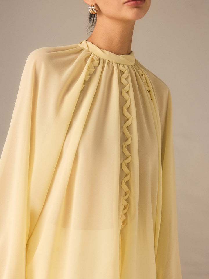 Semi-Sheer Chiffon Stand Collar Blouse with Braided Detail