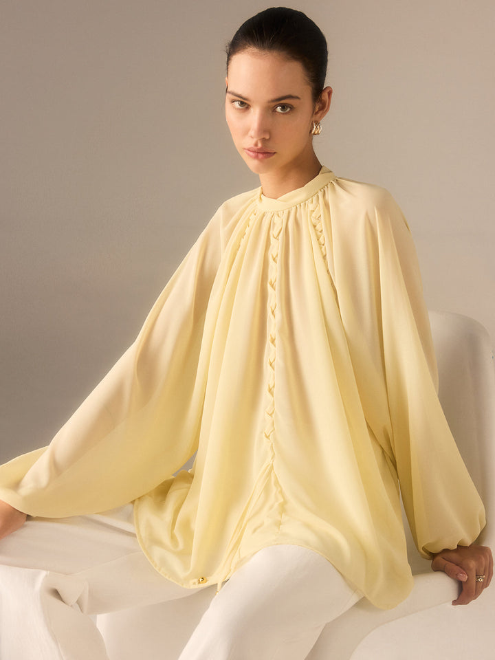 Semi-Sheer Chiffon Stand Collar Blouse with Braided Detail