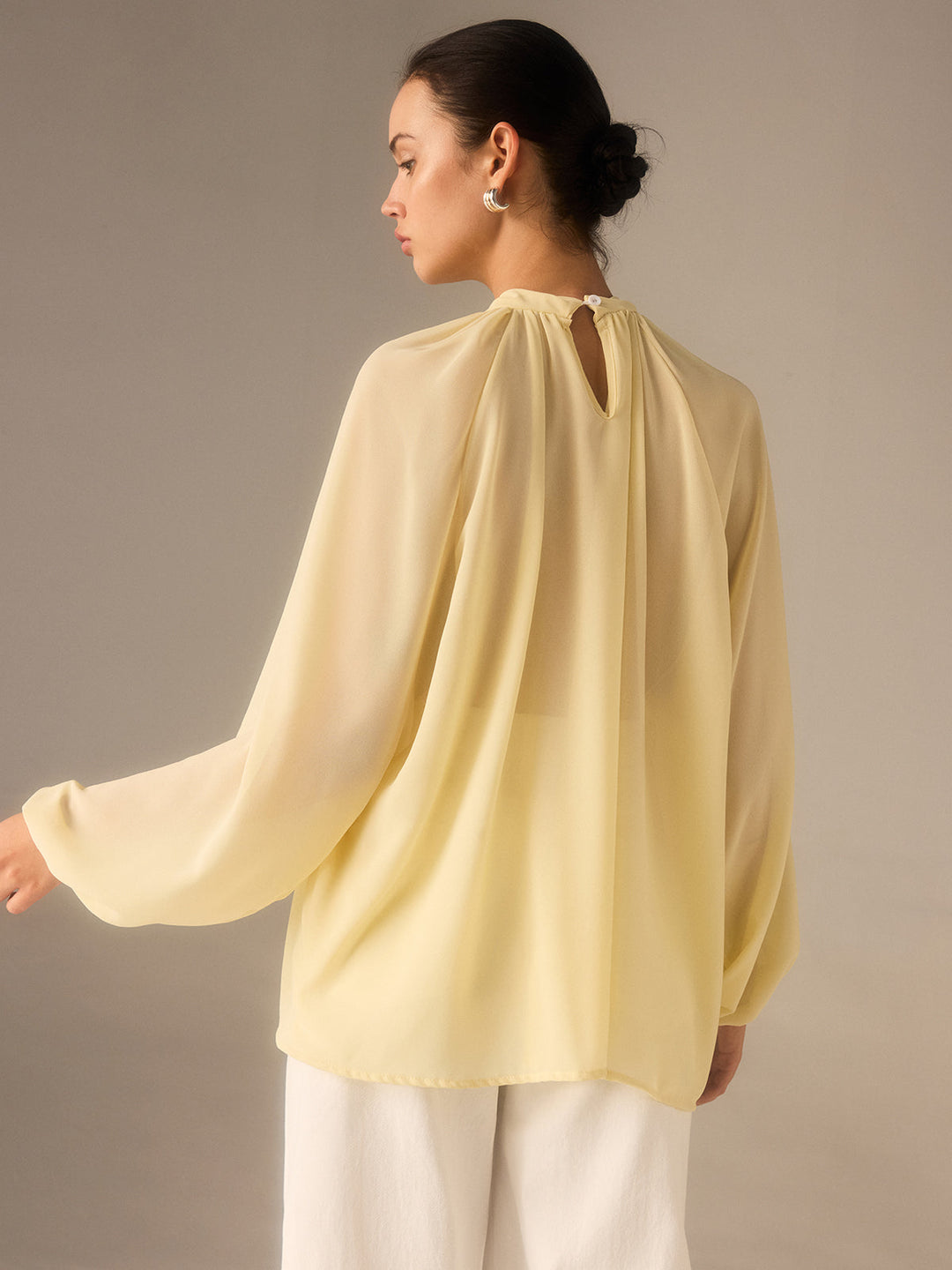 Semi-Sheer Chiffon Stand Collar Blouse with Braided Detail