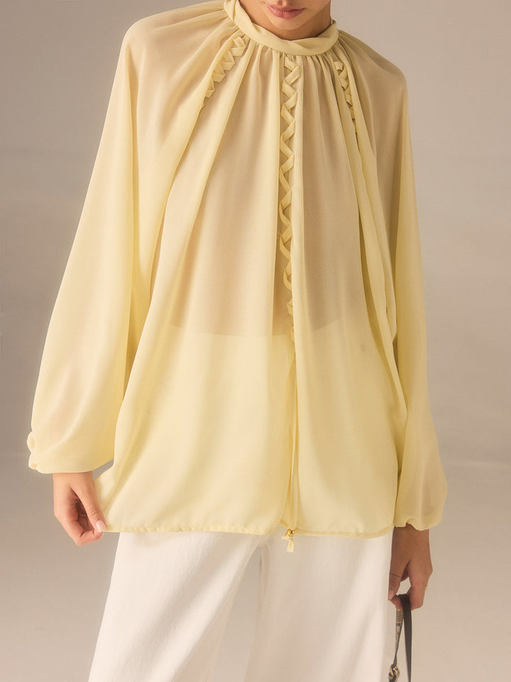 Semi-Sheer Chiffon Stand Collar Blouse with Braided Detail