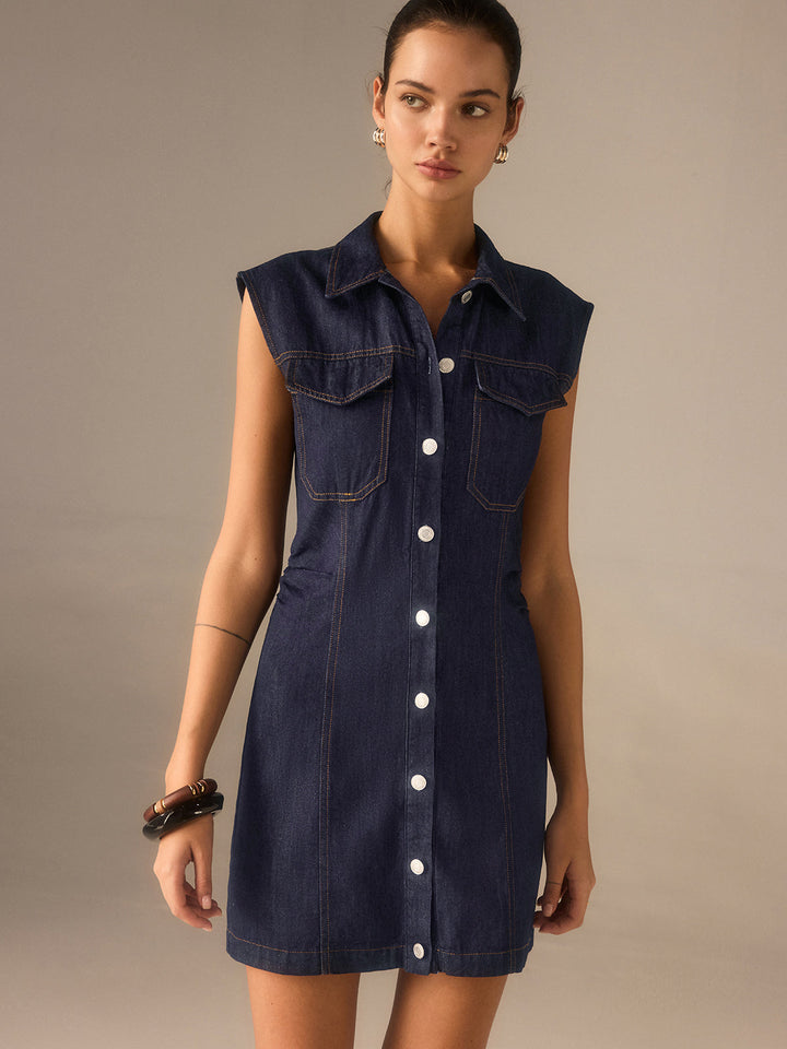 Denim Button-Front Collared Sleeveless Dress Without Belted
