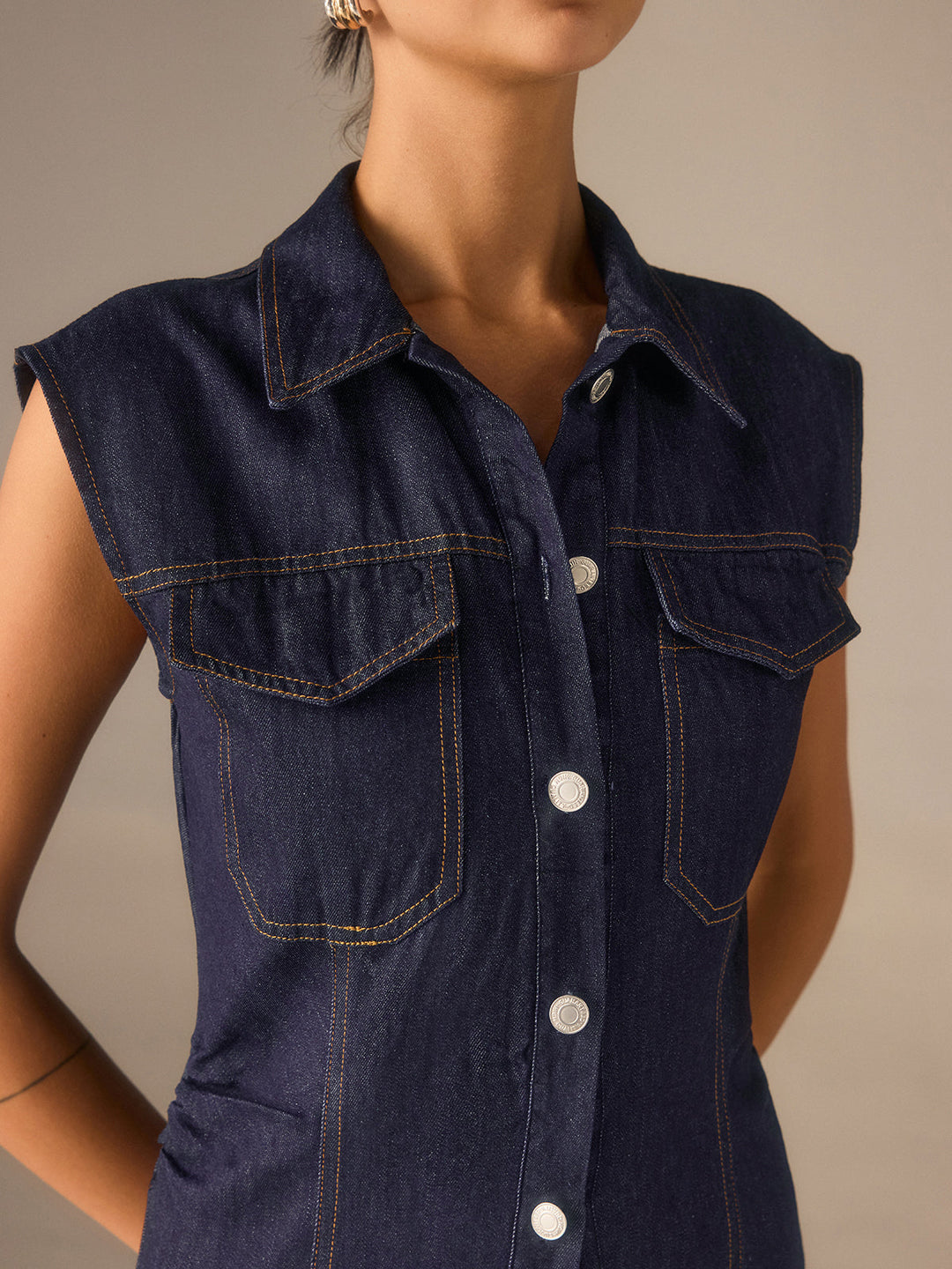 Denim Button-Front Collared Sleeveless Dress Without Belted