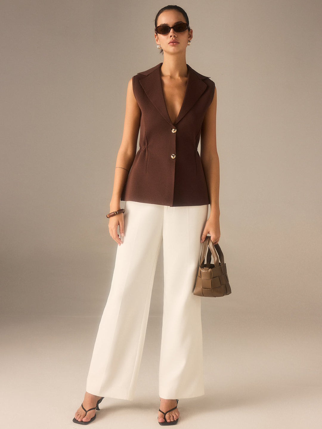 Metal Button Knitted Sleeveless Blazer