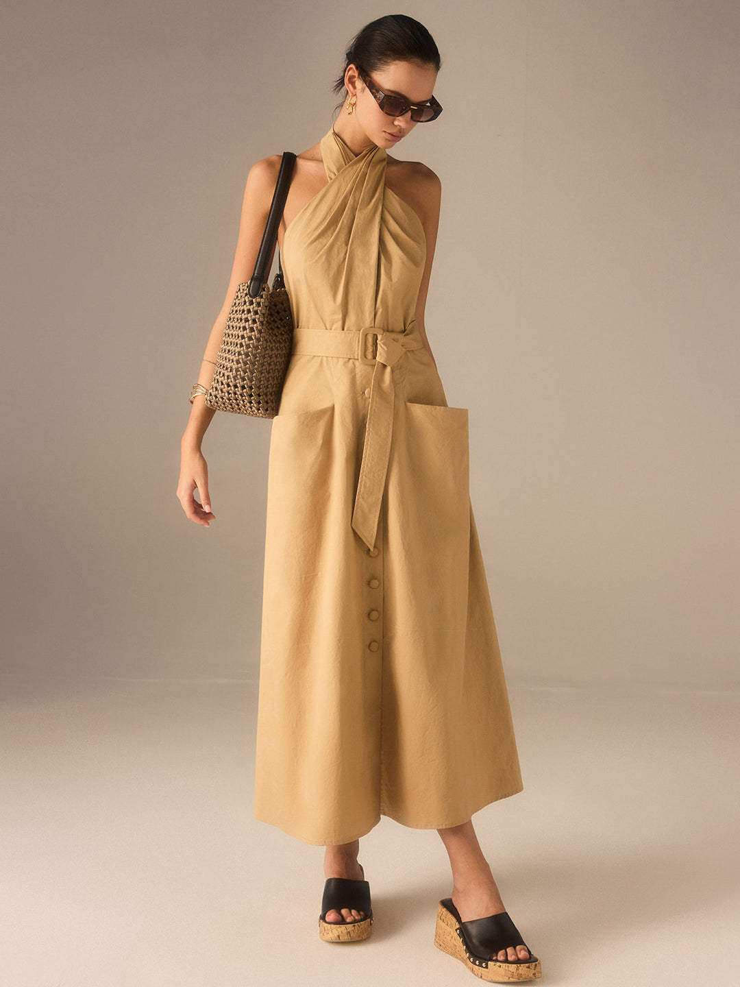 Cotton Pleated Halter Neck Belted Midi Dress