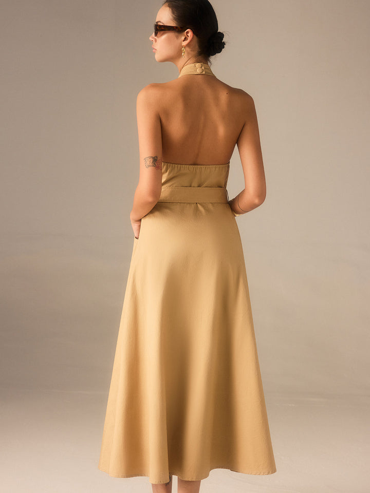 Cotton Pleated Halter Neck Belted Midi Dress