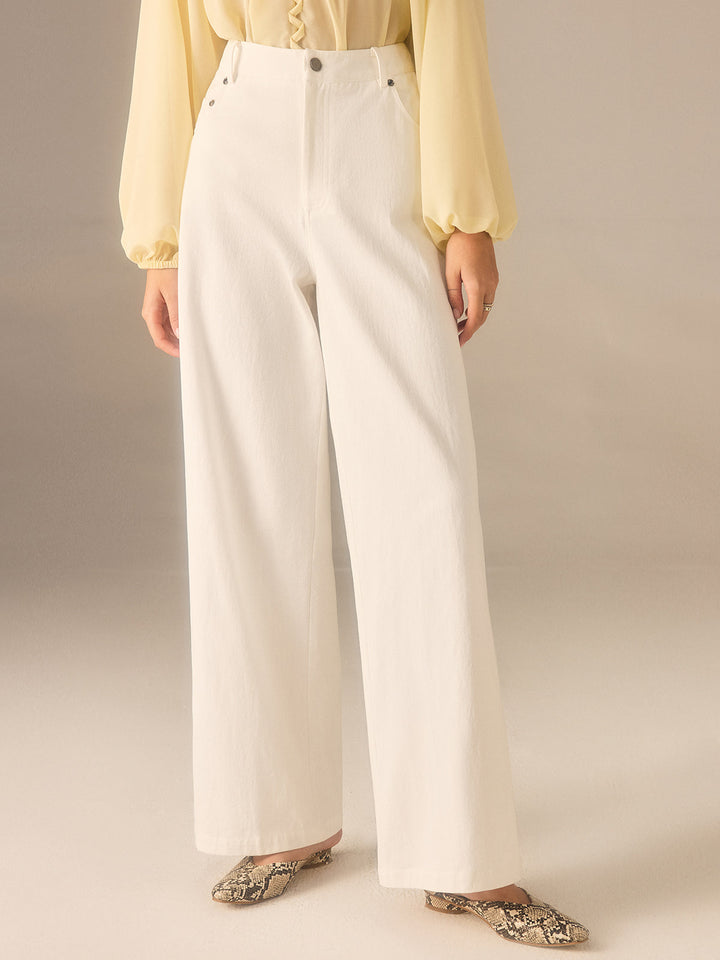 Cotton Twill Wide-Leg Pants with Metal Rivet Button