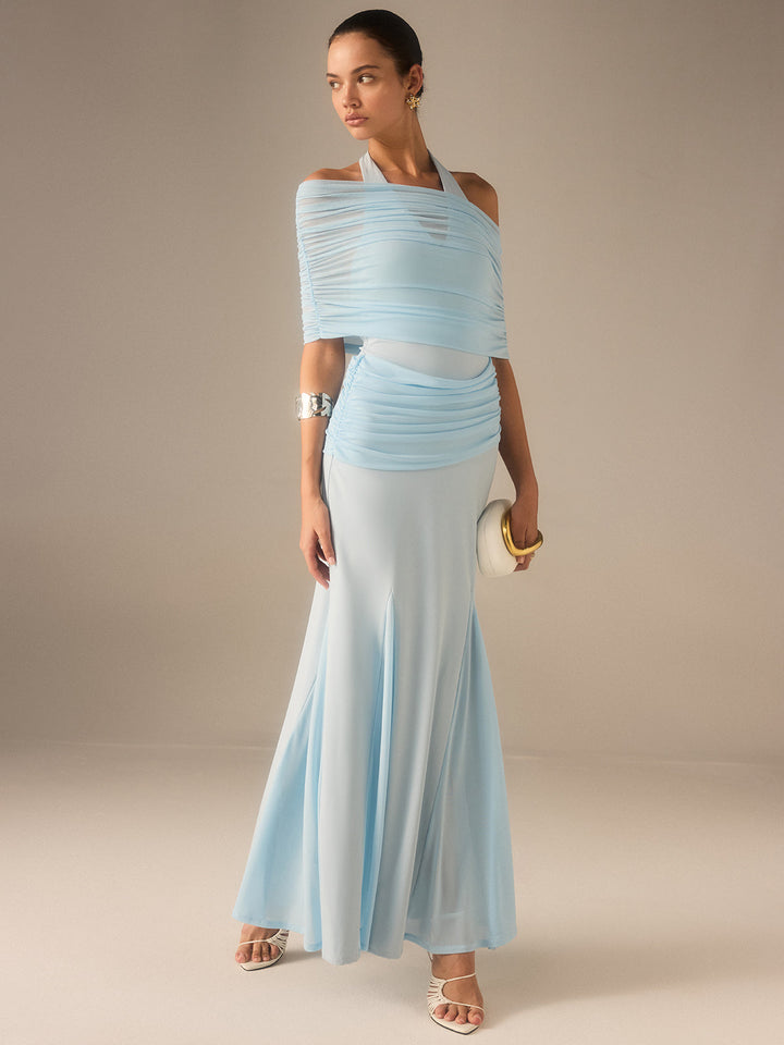 Semi-Sheer Elastic Mesh Ruched Maxi Dress