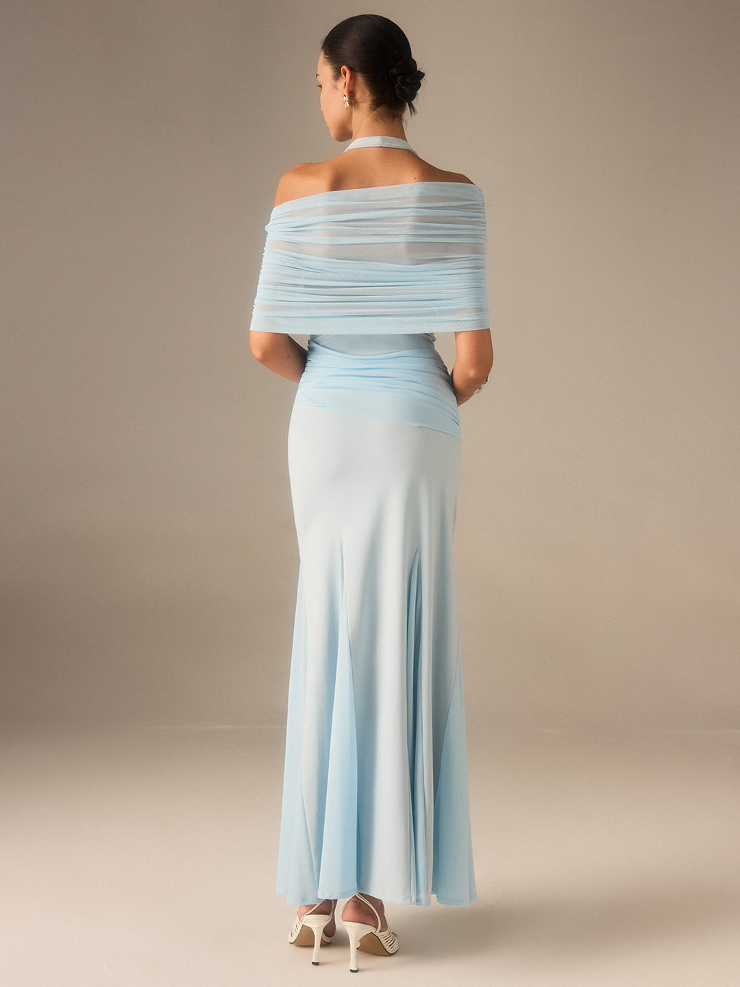 Semi-Sheer Elastic Mesh Ruched Maxi Dress