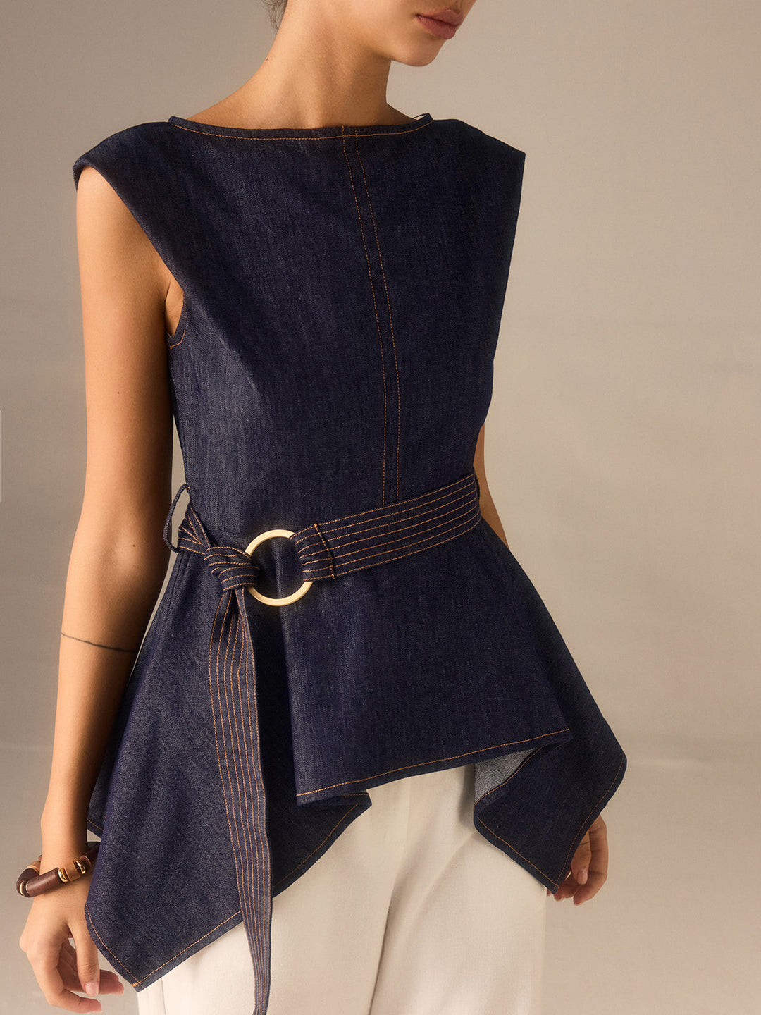 Denim Peplum Belted Top with Asymmetric Hem