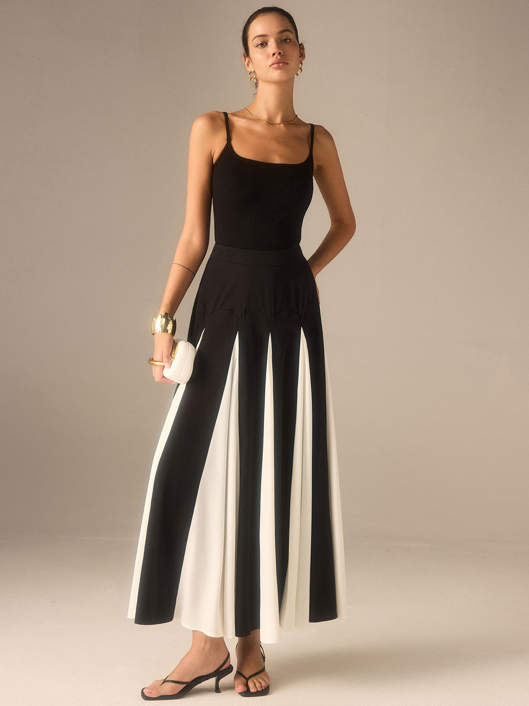 Color-Blocked Midi Skirt with Insert Panels