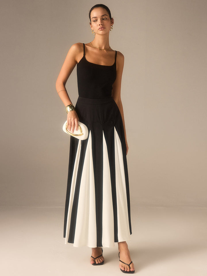 Color-Blocked Midi Skirt with Insert Panels