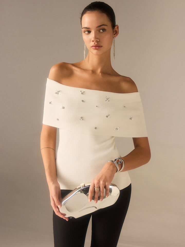 Off-Shoulder Knit Top with Crystal Embellishments
