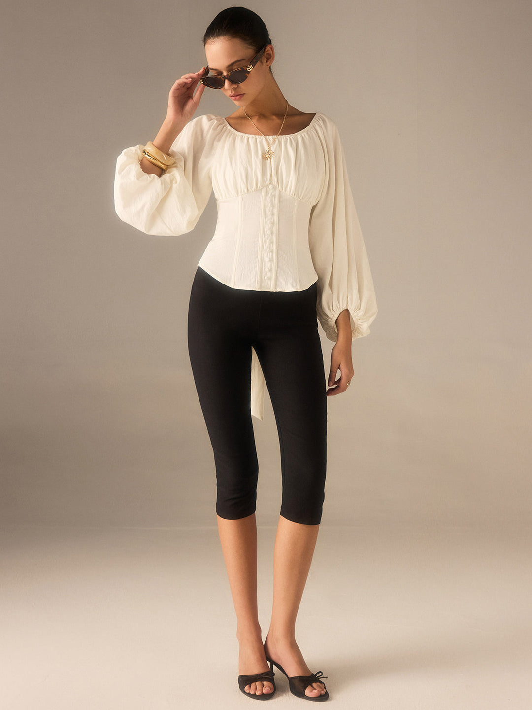 Off-Shoulder Lantern-Sleeve Top with Bow Back