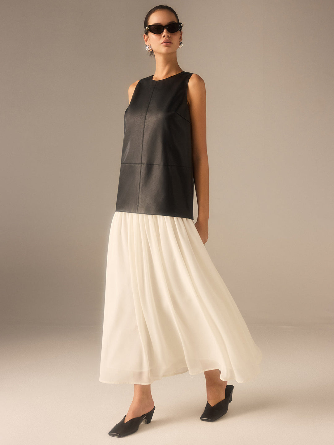 Two-Tone Faux Leather Chiffon Pleated Dress