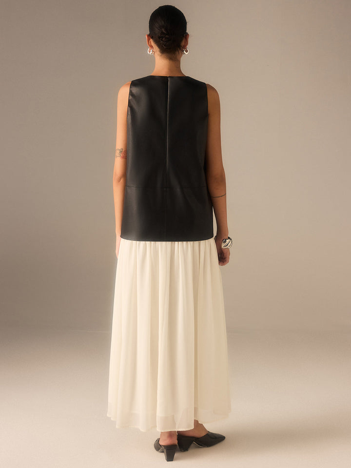 Two-Tone Faux Leather Chiffon Pleated Dress