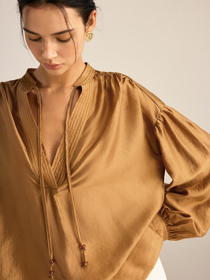 Oversized Tencel Tie Neck Blouse
