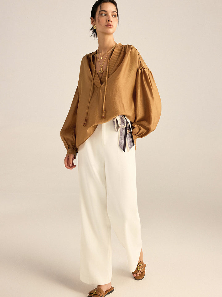 Oversized Tencel Tie Neck Blouse